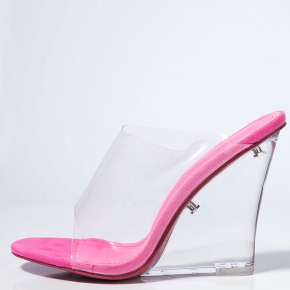 NEW๐ฅ Neon Pink Clear Lucite Wedge Heel Sandals - Picture 5 of 7